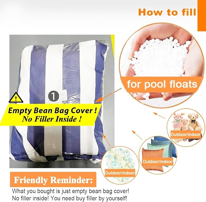 Outdoor Bean Bag Cover for Pool Side (No Filler) Waterproof Beanbag Lounge Chair Sqaure Large Beach Bean Bag Replacement Pouf Oxford Couch Sofa for Adults Swimming Pool Outside (Black-Stripe) - Image 4