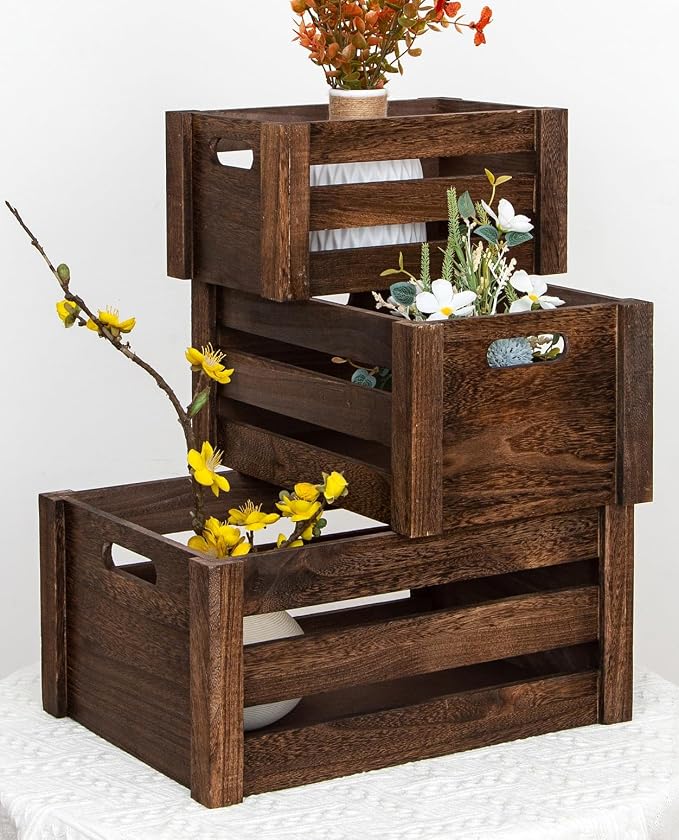 Set of 3 Nesting Wooden Crates, Small Rustic Farmhouse Wood Storage Boxes with Handles, Stackable Compact Organizer Bins for Kitchen Bathroom Bedroom Decor, 3 Sizes (Retro Brown) - Image 4