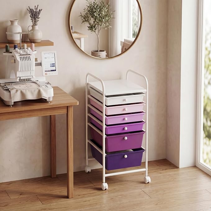 GOFLAME 6-Drawer Rolling Storage Cart, Multifunctional Art Craft Organizer Cart, Mobile Utility Storage Cart with Removable Drawers & Lockable Wheels, Craft Cart for Home Office, Purple Gradient - Image 9