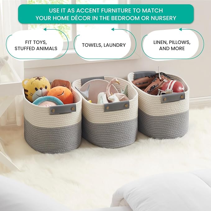 3 Pack Woven Cotton Rope Storage Basket, 15x10x9, White/Gray | Faux Leather Handles; Decorative Closet Shelf Organizer; Ideal for Storage & Organization - Image 5