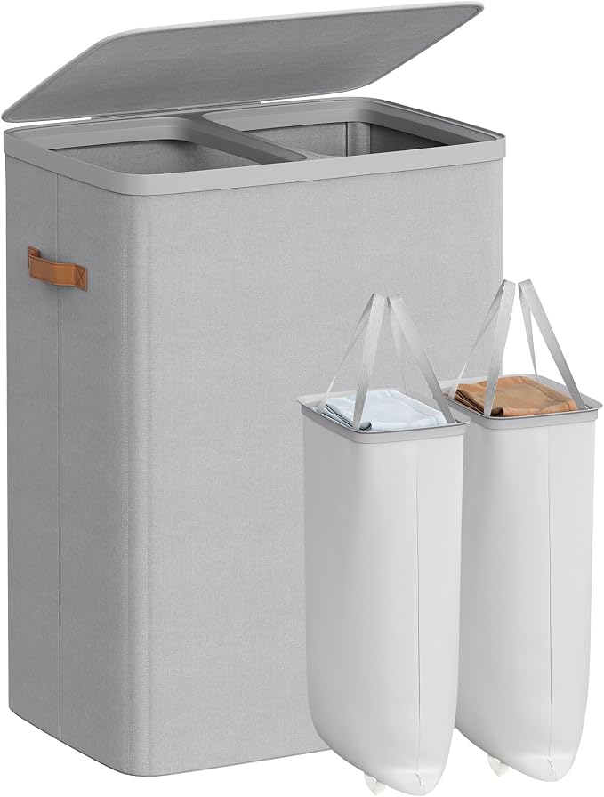 SONGMICS Laundry Basket, 44.9 Gal. Laundry Hamper, 2 Compartments, Easy Assembly, with Lid and Handles, Removable Inner Bags, 22 x 15.7 x 29.5 Inches, Dove Gray ULCB813G01 by Unknown