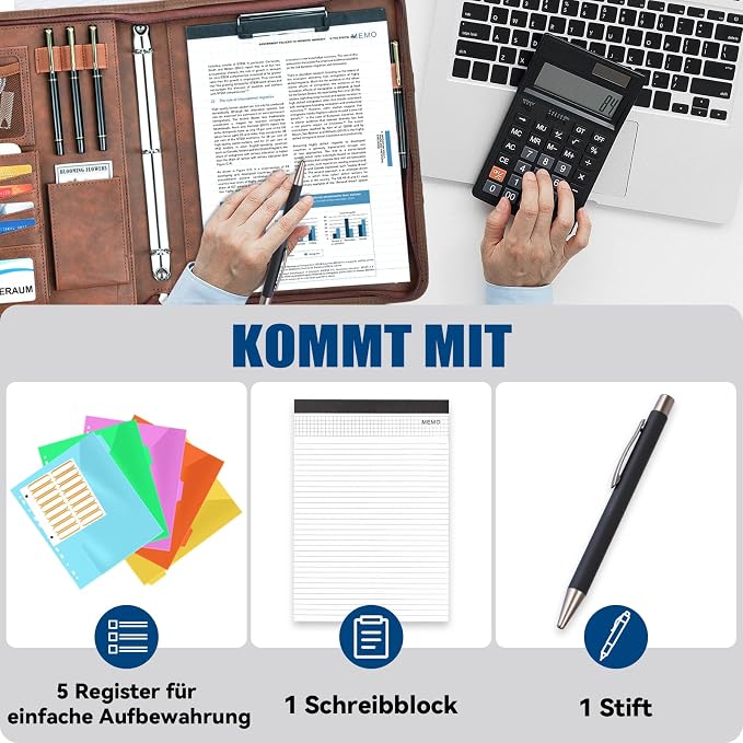 Padfolio Portfolio Binder with Handle, 3-Ring Folder Organizer, Vegan Leather Portfolio with Notepad Includes 5 Dividers with 10 Pockets for Documents Filesfor Documents Files and 1 Pen - Image 3