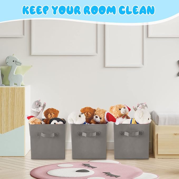 Yinder 12 Pcs Cube Storage Bin Grey 10.5''x10.5''x11'' Storage Bins for Playroom Decor Colorful Bins for Kids Foldable Baskets for Nursery Organizer Boxes Fabric Boxes - Image 5