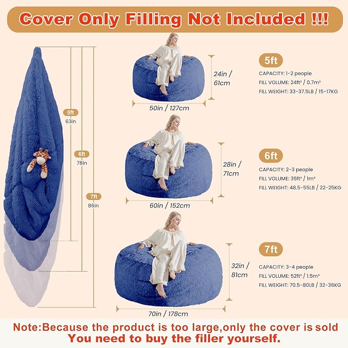 Bean Bag Cover (No Filler) - Faux Fur Beanbag Chairs Covers Only, Stuffed Animal Storage Bean Bag for Adults, Large Washable Beanbag Cover Without Filling, 5FT, Navy Blue - Image 2