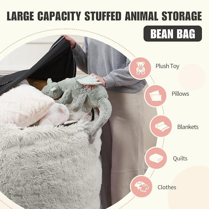 Large Bean Bag Chair Cover, Plush Bean Bags Chairs Cover Only Without Filler Included, Beanbag Chairs for Adults, Teens, Kids, 7FT, Light Grey - Image 3