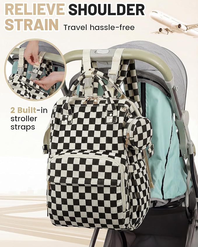 Corduroy Diaper Bag Backpack, Large Capacity Multifunction Baby Diaper Bags for Women, Insulated Bottle Pockets & Pacifier Case, Stylish Travel Nappy Changing Bags for Mom Dad (Checkered Black) - Image 7