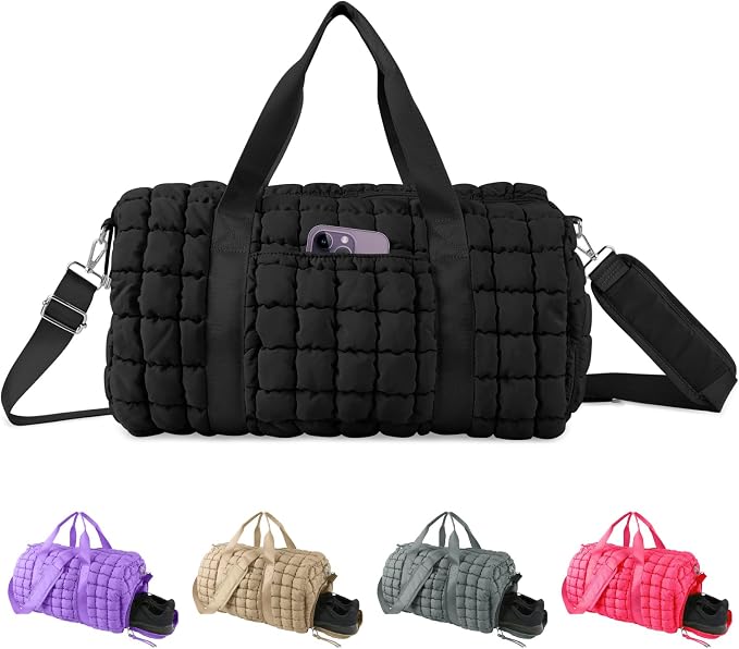 Quilted Travel Duffle Bag Gym Bag for Women,Large Puffer Duffle Weekender Bag with Compartment,Workout Overnight Carry on Organizer Bag Duffle Bag for Airplane Travel(L-Black) by XSUIOY