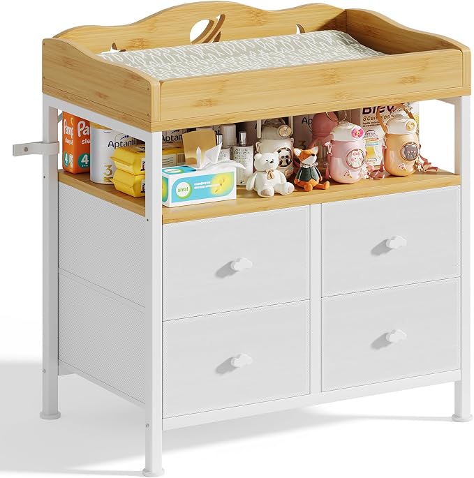 POKIPO Bamboo Changing Table Dresser with Sturdy Metal Frame, 4 Fabric Drawers, 3-in-1 Baby Dresser with Changing Table Top, Diaper Changing Station and Storage Organizer for Modern Nursery by POKIPO