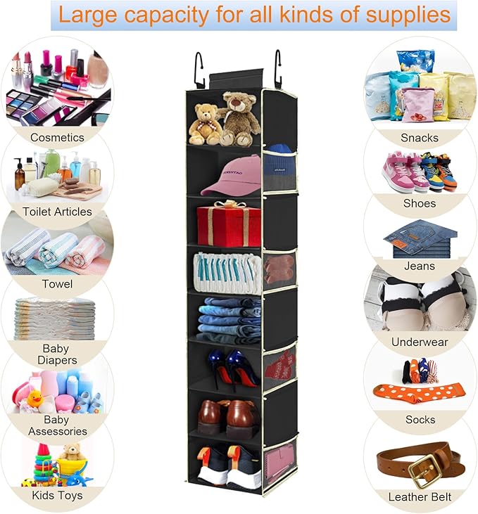 2 Pack Large-Sized Hanging Shoe Organizer 8-Shelf, Hanging Closet Organizer with 8 Side Pockets, Wider Hanging Shelves for Storage Shoes Clothes 9" W × 11.8" D× 48" H, Black. - Image 6