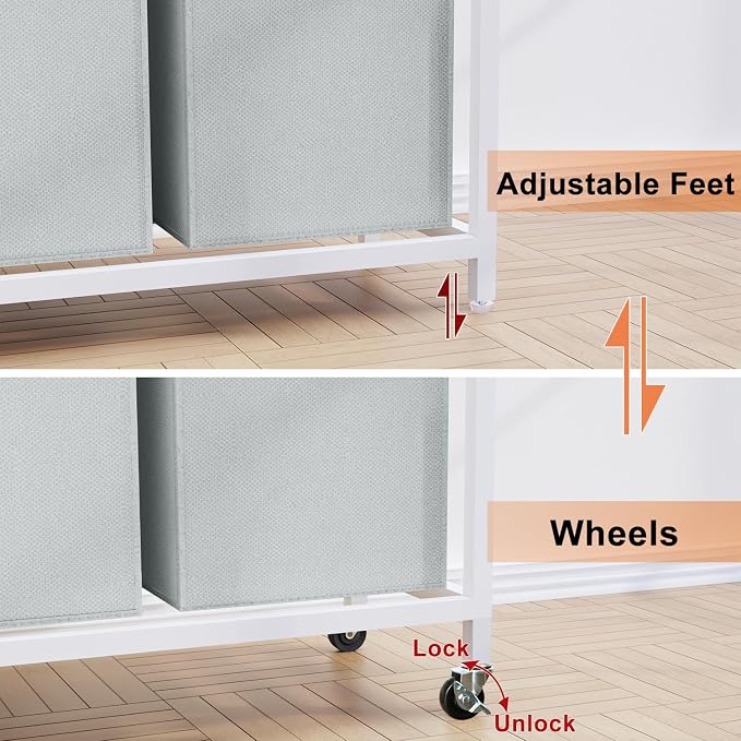 Laundry Hamper, Laundry Sorter 2 Section, Rolling Laundry Basket with Wheels, 2 Shelves, 2 × 14.5 Gal, Pull-Out and Removable Oxford Fabric Bags, for Laundry Room, White and Grey - Image 6