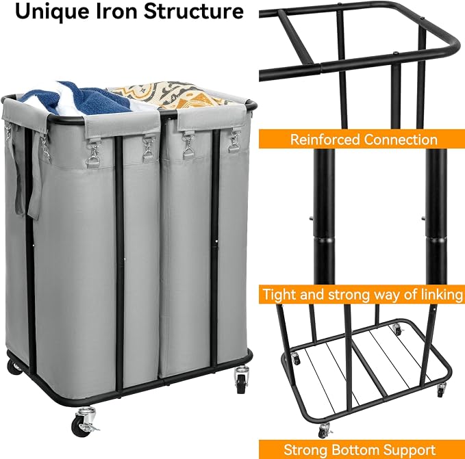 WOWLIVE Double Laundry Hamper with Wheels, 170L Rolling Laundry Basket | 2 Section Laundry Hamper, Laundry Cart with Steel Frame, Removable Bags, Large Dirty Clothes Hamper Dorm Room Storage, Grey - Image 5