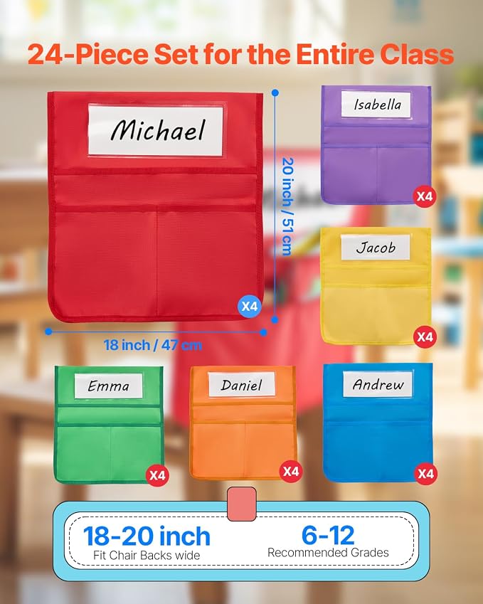 VEVOR Chair Pockets for Classroom, 24 Pack, 18 x 20 Inches Chairback Buddy Pocket with Name Tag, 6 Bright Colors, Back of Chair Organizer for Kids in Classroom, Kindergarten, School, and Home - Image 2