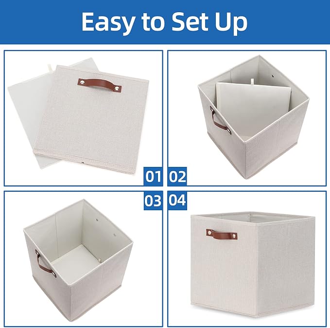 Temary Fabric Storage Cubes Storage Bins with Dual Leather Handles, 4 Pack Cube Baskets 13x13 Foldable Cube Organizers for Shelves, Home, Office, Nursery - Image 7