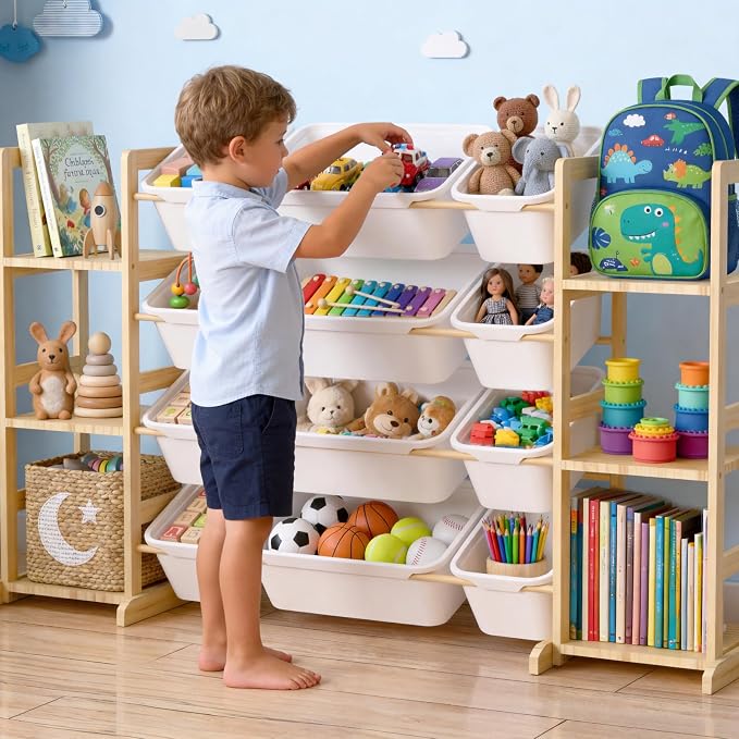 Toy Storage Organizer with Bookshelf for Kids, Large Wooden Shelf with 12 Storage Bins & 6 Shelves, Toy Box Organization for Kids Rooms, Playroom, Nursery and Living Room - Image 8