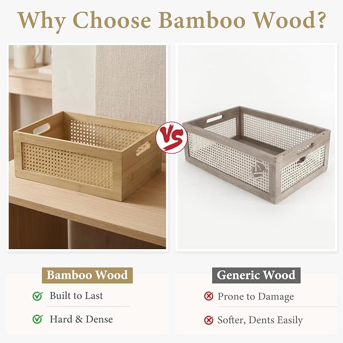Rattan Wooden Box Set of 4 Handmade Decorative Storage Basket with Handles | Natural Bamboo Woven Storage Basket Rustic Farmhouse Decor Home Office Tabletop Shelf Drawer Closet Desk Organizer, Natural - Image 6
