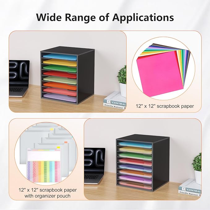 Krafetto Scrapbook Paper Storage Organizer Rack for Holding 12 x 12 Paper Storage Pouch, 8 Large Slots Desktop Papers Organizer Holder, File Sorter for Home Office School (Black) - Image 4