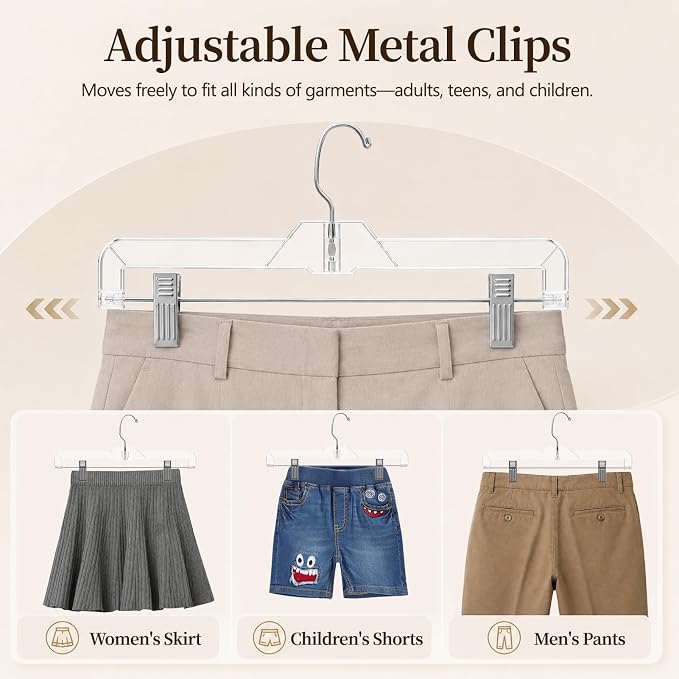 14" Clear Pants Hangers with Clips 25 Pack, Plastic Skirts Hangers | Slim Space Saving, Adjustable Clips Hangers with 360° Swivel Hook & Non-Slip Pad for Adults and Kids, Pants, Shirt, Jeans - Image 3