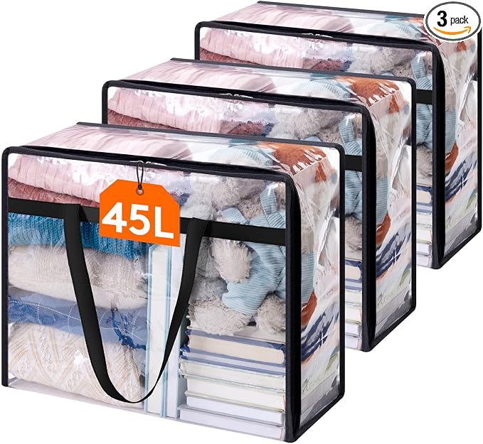 Lifewit 3 Pack Clear Clothes Storage Bags, 45L Plastic Blanket Storage Bag, Vinyl Foldable Moving Bags with Zipper, Closet Organizers and Storage Containers for Bedding, Duvet, Comforter by Lifewit