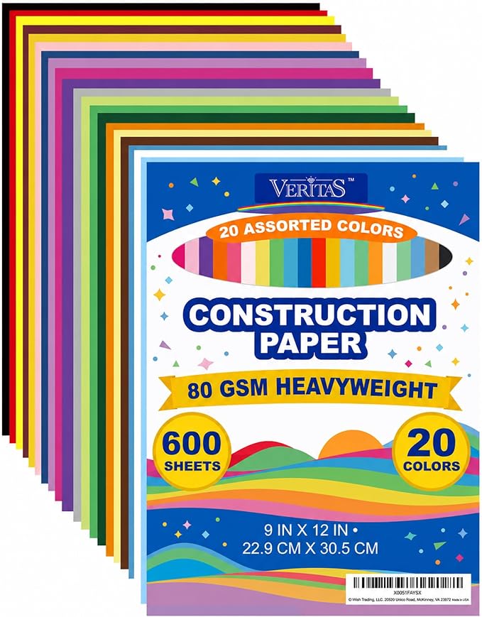 Veritas Construction Paper Assorted Colors, 9 x 12, 600 Sheets Bulk Pack, 20 Bright Colors,Colored Craft Paper,for Art Projects, Office Use, DIY Crafts, Home & Studio Supplies by WritePads