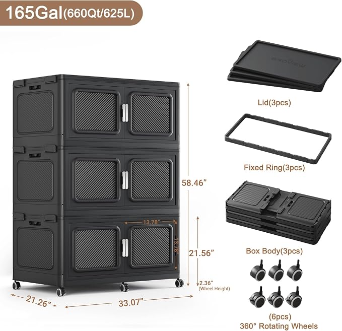 BROVIEW 660 Qt/165 Gal Stackable Storage Bins with Lids, 3 Pack, Black | Large Stackable Storage Boxes w/ 3 Lid Folding Plastic Cart Organizer for Home Kitchen, Open Front Clear Door with Wheels - Image 2