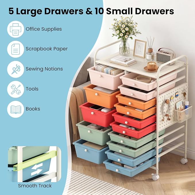 GOFLAME 15-Drawer Rolling Storage Cart with Pegboard, Craft Storage Cart with Lockable Wheels and Metal Frame, Art Cart Supply Storage Organizer for Home Office Classroom, Macaron Color - Image 4