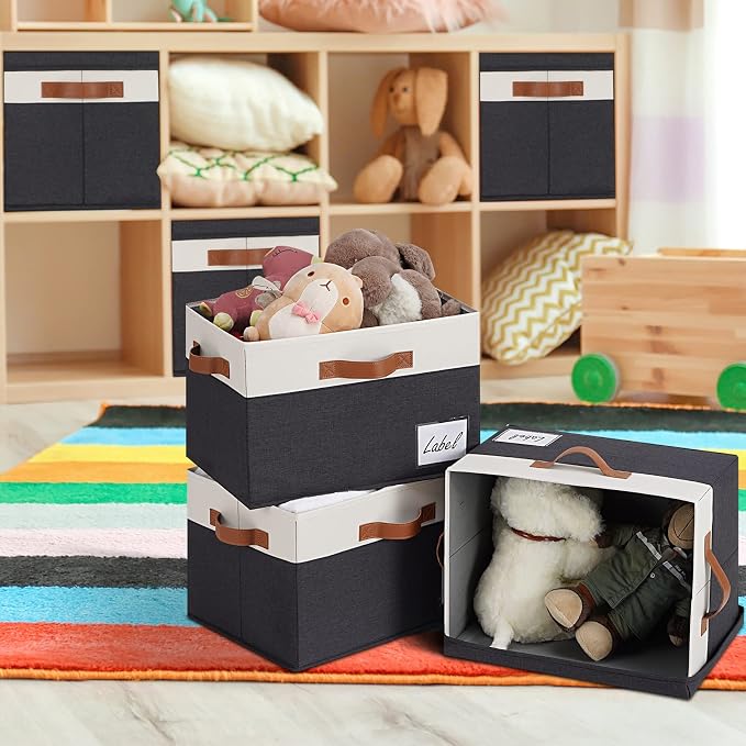 GhvyenntteS Large Storage Bins with Lids (3 Pack), Storage Baskets with Lid and Label Window, Foldable Fabric Storage Boxes with 3 Handles for Home Office College Dorms (Black, 15" x 11" x 9.7") - Image 6