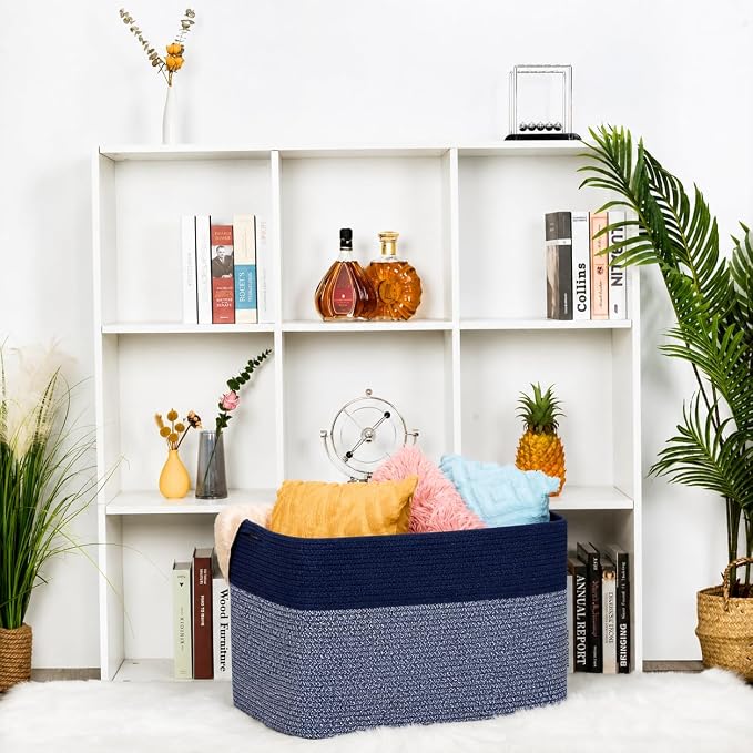 112L Extra Large Blanket Basket Holder Living Room, 25"x17"x16" Rectangle Rope Woven Storage Basket with Handles for Laundry, Towels, Shoes, Dog Toy Organizer Bin Box, Navy Blue - Image 6