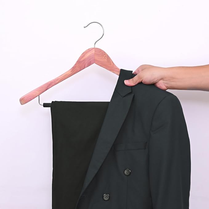 Unfinished American Red Cedar Wooden Coat Suit Hangers with Extra Wide Shoulder, Wood Jacket Clothes Hanger with Non Slip Black Padded Pant Bar- 360°Flexible Hook, Natural 4 Pack - Image 7