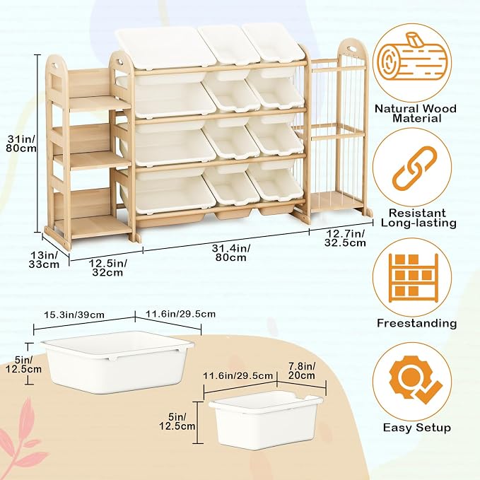 Kids Toy Storage Organizer, Toy Organizers and Storage with Stuffed Animal Storage, Toy Storage Shelf with 3 Shelves, 12 Storage Bins, Kids Bookshelf, Toy Holder for Playrooms, Bedrooms, White - Image 2