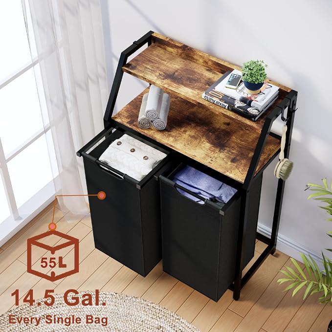 Laundry Hamper, Laundry Sorter 2 Section, Rolling Laundry Basket with Wheels, 2 Shelves, 2 × 14.5 Gal, Pull-Out and Removable Oxford Fabric Bags, for Laundry Room, Black and Rustic Brown - Image 2