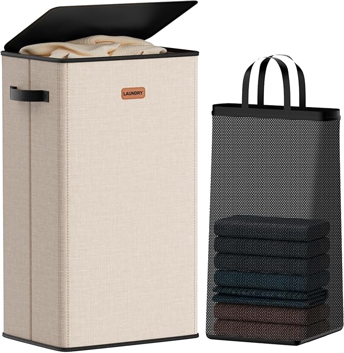 100L Laundry Hamper with Lid, Large Clothes Hampers with Removable Bag, Collapsible Laundry Basket for Bathroom, Bedroom, Laundry Room, Dorm, Beige by Vexalora