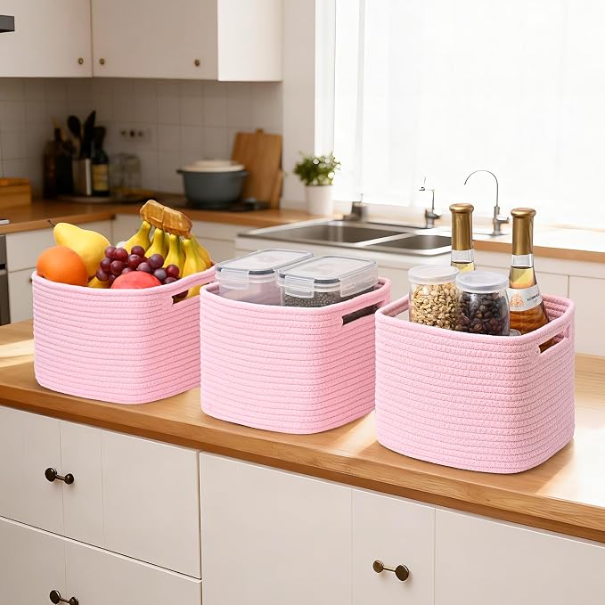 3 Pack Cube Storage Bin, 9”x9”x7” Cotton Rope Woven Baskets for Organizing Toys Clothes Towels, Square Gift Storage Baskets for Shelves, Nursery, Closet, Bathroom, Pantry (Pink) - Image 6
