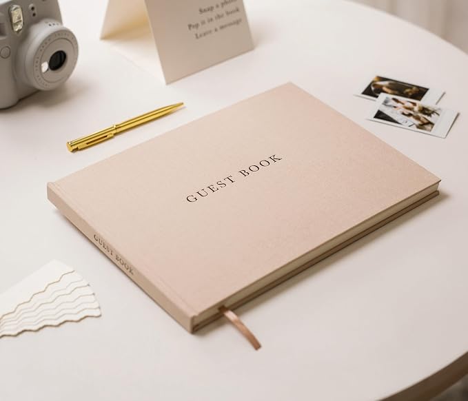 Real Linen Guest Book Set - 11.5 x 8.5 Embossed Guestbook for Weddings, Showers, Events, Blank & Lined, Comes with Sign, Pen, Box and Photo Sleeves, 120 Pages (Oatmeal) - Image 2