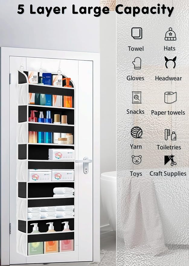 TAHAVICE 1Pack Over the Door Organizer Storage, 5 Large & 10 Mesh Pockets | Hanging Organizer Closet College Dorm Essentials for Girls, Storage for Dorm Organization, Nursery & Bedroom (Black) - Image 4