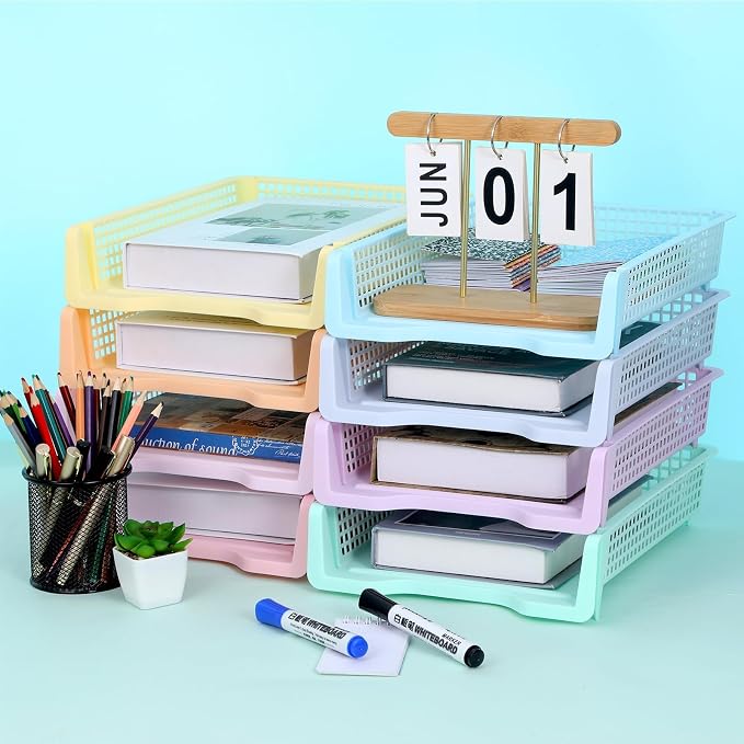16 Pack Pastel Plastic Turn in Paper Trays for Classroom Storage Bin Basket Organizers for School Teacher Supplies Classroom Office Home Organization Storage Tray Holds 4A Paper File Document - Image 4
