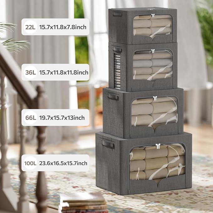 FHSQX 3 Pack Clothes Storage Bins with Metal Frame | Dark Gray, 19.7x15.7x13inch (66L) Foldable , Stackable, Linen Fabric, Carrying Handles, Clear Window - Image 3