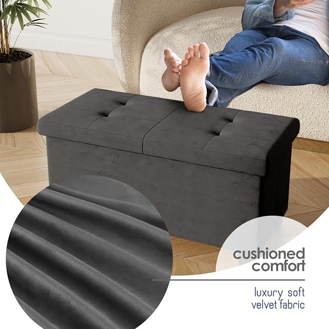 Storage Ottoman Bench with Bins, 30-in Storage Bench for Bedroom End of Bed, Folding Foot Rest Ottoman for Living Room Max 660lbs, Velvet Ottomans, Grey - Image 8