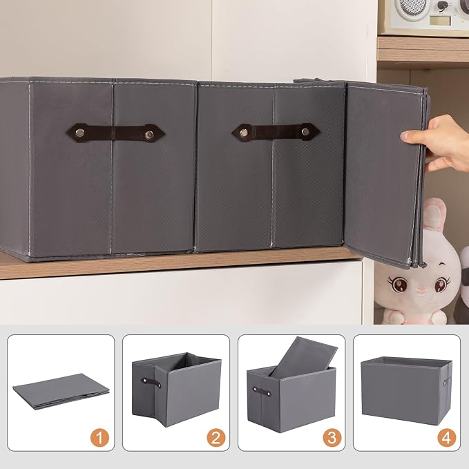 1 Pack Large Collapsible Storage Baskets for Shelves,14.9"x9.5" Fabric Closet storage Boxes with Leather Handles,Decorative Organizers Storage Bins for Clothes,Sheets,Toys,Books,(Gray) - Image 6