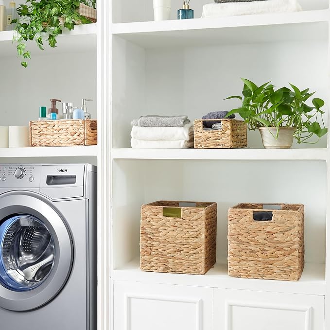 Storage Basket, Set of 2 Hand-woven Water Hyacinth Storage Baskets, Foldable Wicker Storage Basket 9 Inch Cube Storage Bins for Shelves Organizer Square Shelf Baskets, 9''x9''x9'' - Image 5