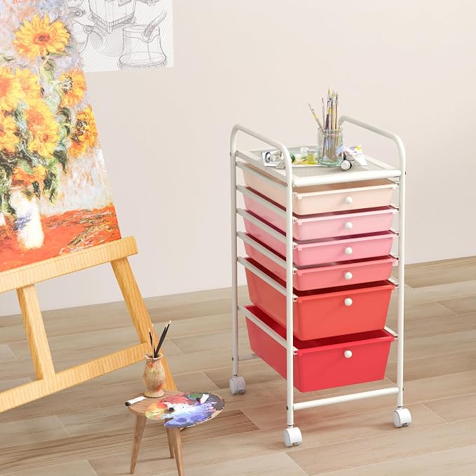 GOFLAME 6-Drawer Rolling Storage Cart, Multifunctional Art Craft Organizer Cart, Mobile Utility Storage Cart with Removable Drawers & Lockable Wheels, Craft Cart for Home Office, School, Pink - Image 2