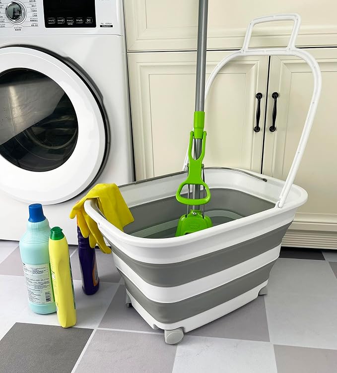 SAMMART 35L (9.24 Gallons) Collapsible Plastic Laundry Basket with Handle and Wheels - Foldable Pop Up Storage Container/Washing Tub - Space Saving (1, White/Grey) - Image 2