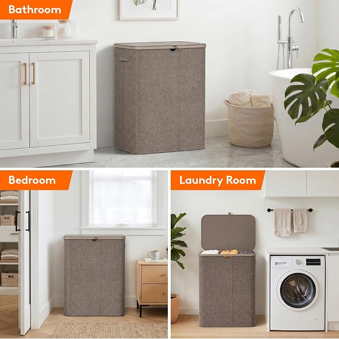 Lifewit 185L 3 Section Laundry Hamper with Lid, Laundry Basket, Brown | Large Foldable Laundry Sorter with 3 Removable Bags, Tall Clothes Hamper for Bedroom and Bathroom - Image 8