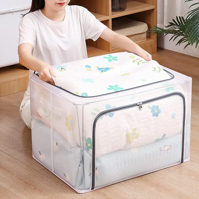 110L Large Foldable Storage Bins Organizer with Durable Handles, Metal Frame, for Clothing | Bed Sheets | Blanket | Comforters | Pillows | Toys, 3 Pack, Clear & Gray Zipper - Image 5