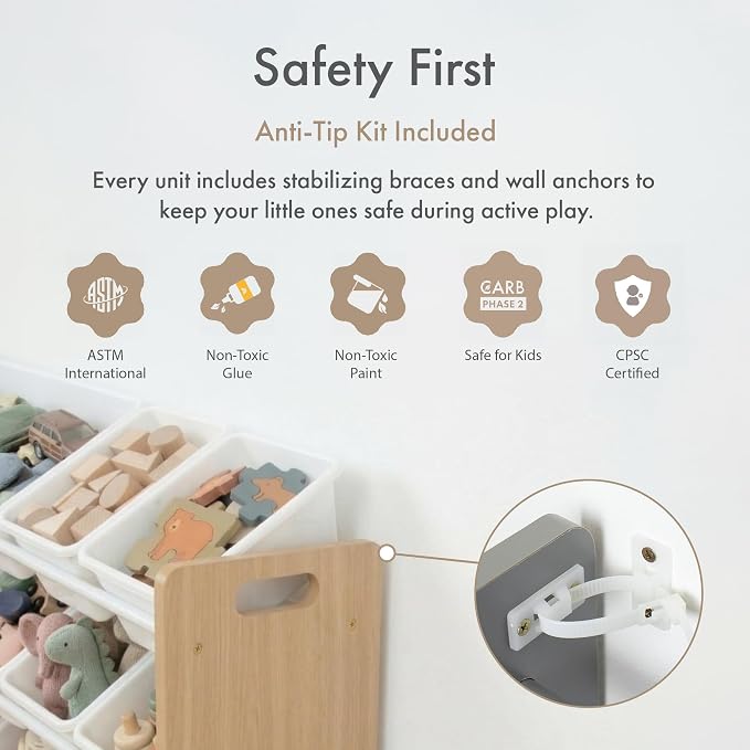 Humble Crew Kids Toy Organizer with 12 Bins, 4 Tier Storage for Playroom | Sturdy wood and steel toddler shelf, removable BPA-free containers, wall anchor anti-tip safety kit for bedroom or classroom - Image 8