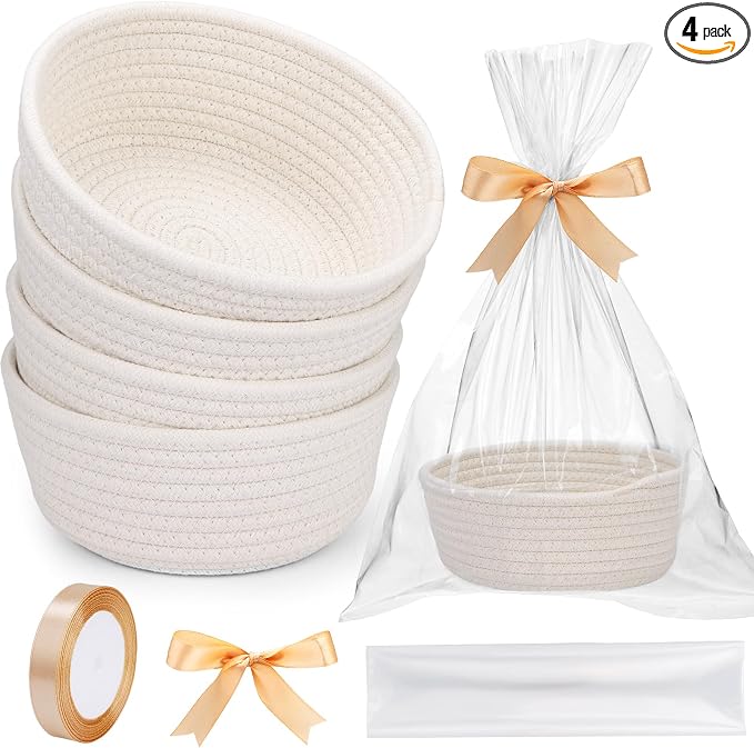 4 Pack Small Woven Storage Baskets with Gift Bag and Ribbon for Organizing Woven Natural Cotton Rope Bin Round Boho Empty Decorative Gift Chest Basket Box for Bathroom, Closet, Shelf Organizer (White) by Unknown