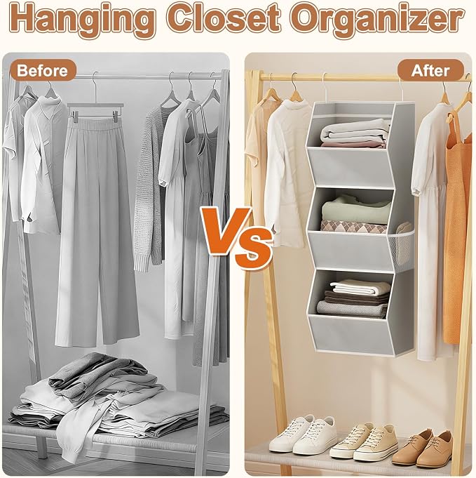 Closet Hanging Organizer with Pockets, 3 Shelf Hanging Clothes Organizers | Kids Closet Organizers and Storage for Clothes Fabric Hanging Storage Bins for Wardrobe Closet Organization and Storage, Grey - Image 6