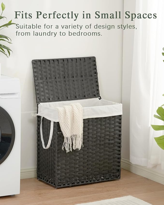 SETVSON Laundry Hamper with Lid Wicker Laundry Basket 112L, Black | Decorative PE Rattan Furniture Look for Bedroom, Large Sorting Hamper with Lid, 3 Liners, 6 Mesh Bags, Steel Frame - Image 7