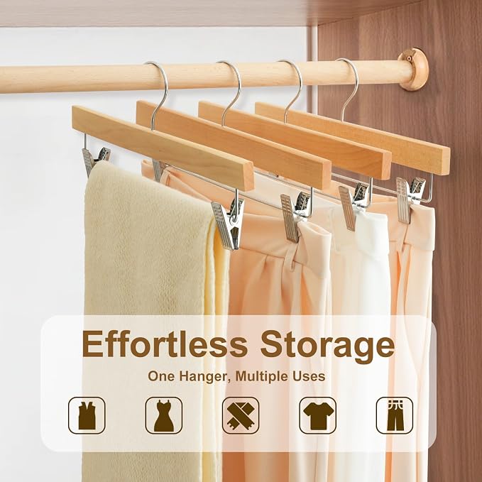 BAGAIL 10 Pack Wooden Pants Hangers with Adjustable Clips, 360°Swivel Hook Space Saving Skirt Holders with Anti-Rust Clips for Trousers, Jeans, Shorts (Natural) - Image 5
