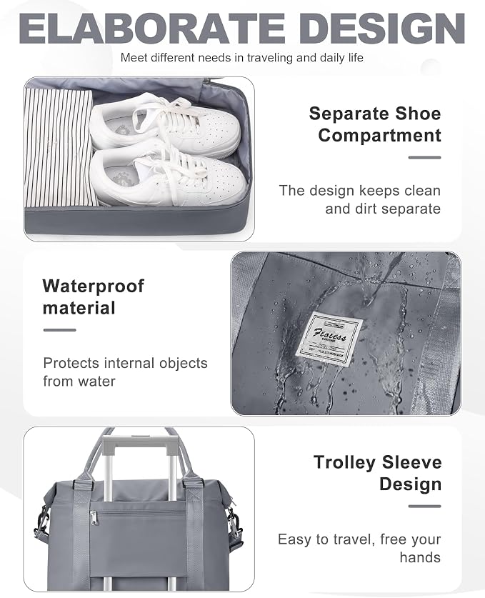 Travel Duffel Weekender Bag Women Tote Carry On Bags With Shoe Compartment | 18x14x8 inches Travel Overnight Bags with Trolley Sleeve for Airplanes Sport Tote Gym for Men Lightweight Daypack SlateGrey - Image 5