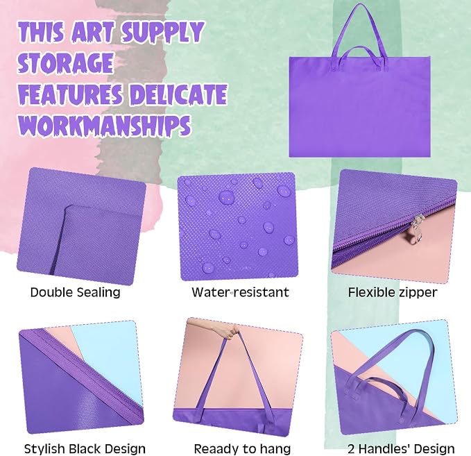 Abbylike 1 Pcs 48 x 36 Inch Art Portfolio Bag Large Size Art Supply Bag with Nylon Shoulder Waterproof Poster Board Painting Drawing Sketch Storage Carry Case for Artwork Gift Supplies (Purple) - Image 4